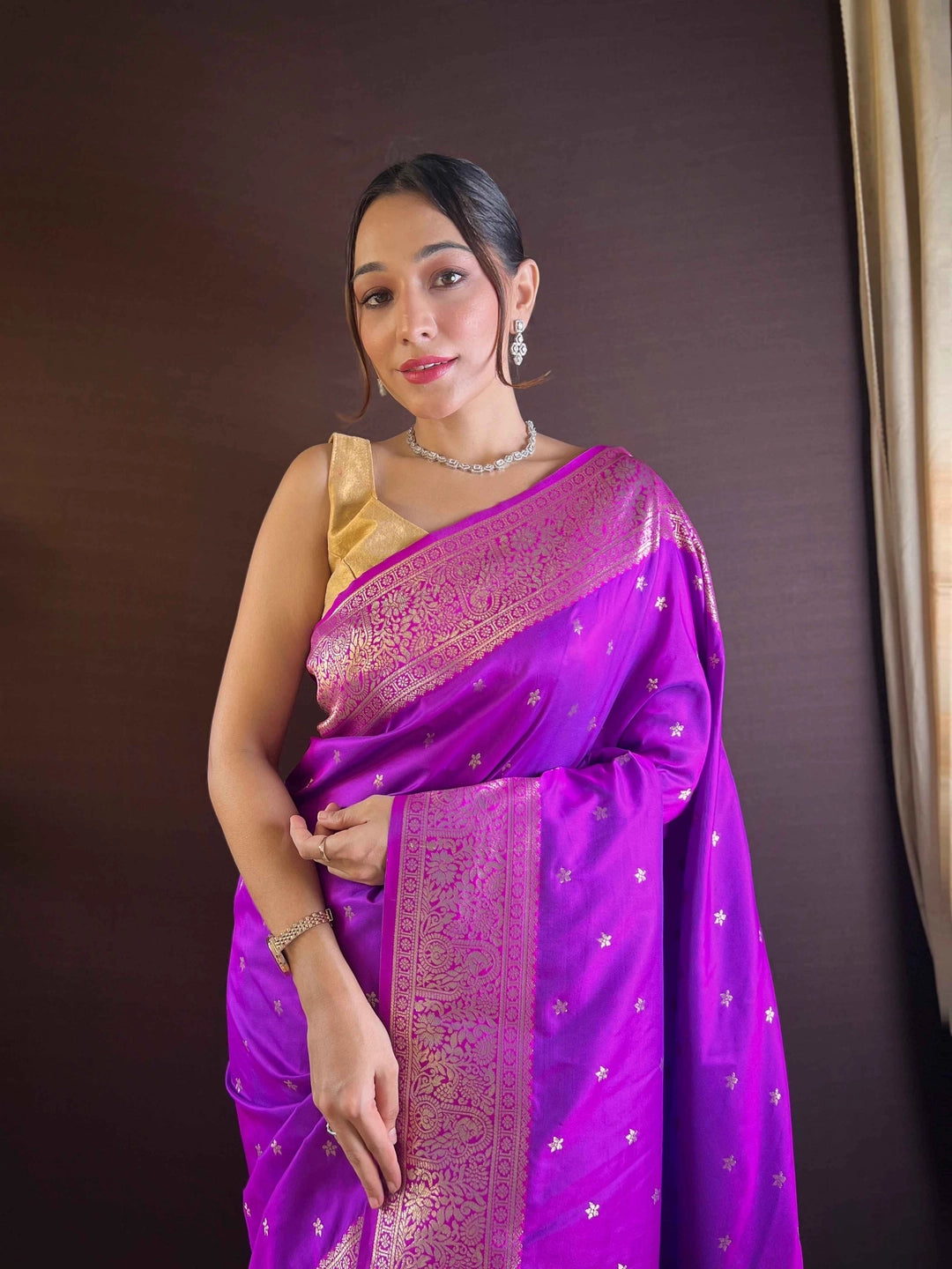 Paithani Silk Violet Saree With Woven Design - Rheycart