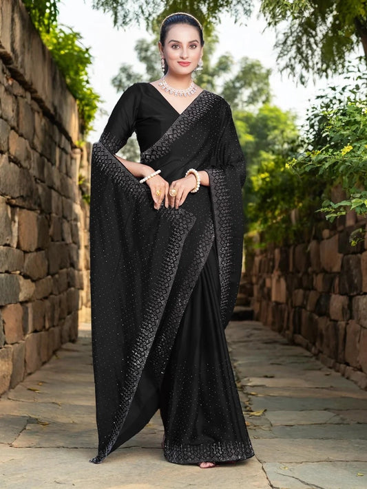 Black Georgette Saree With Stone Work For Party Wear - Rheycart