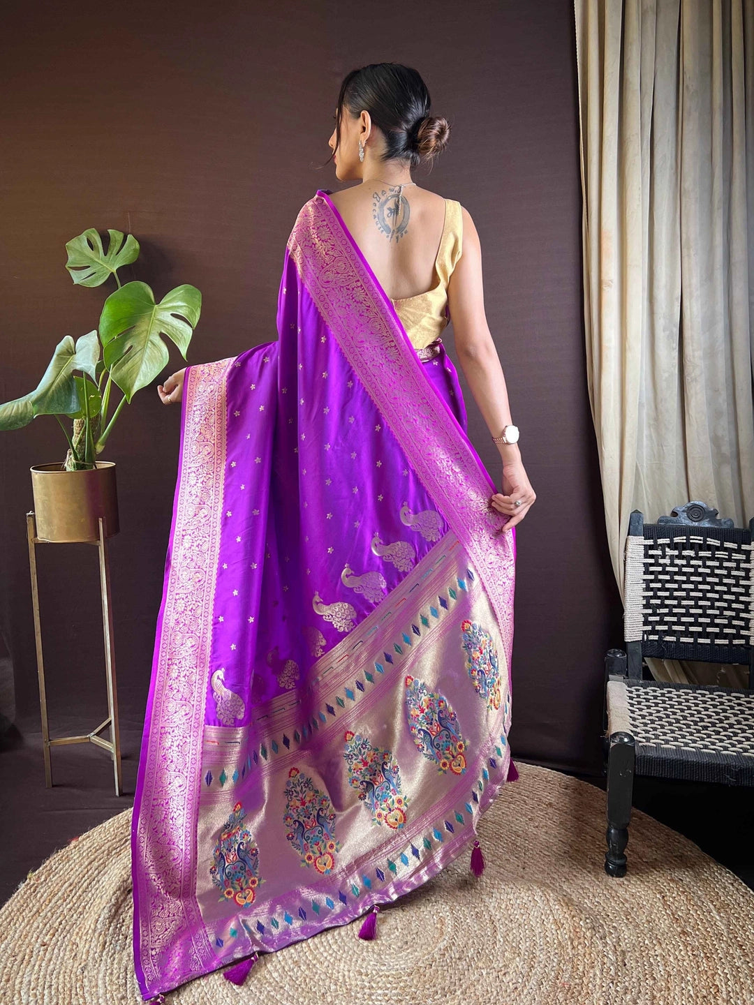 Paithani Silk Violet Saree With Woven Design - Rheycart