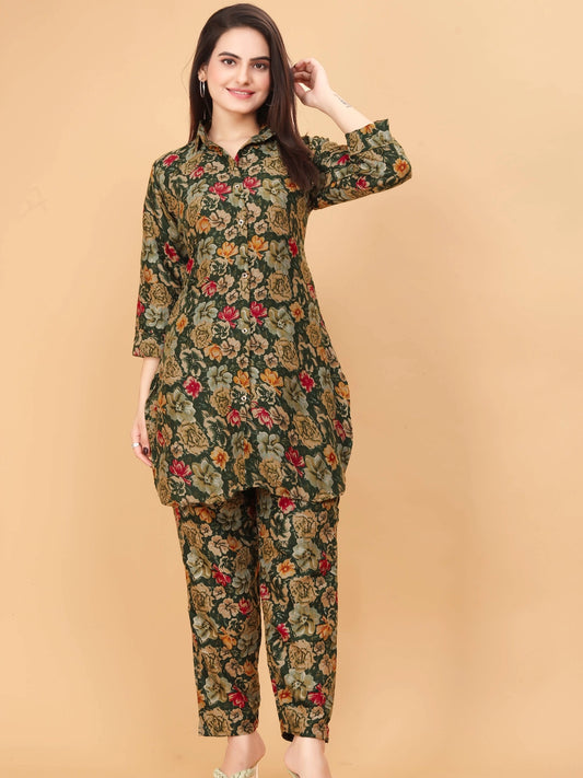 Green Floral Printed Rayon Cotton Co-ord Set For Women - Rheycart