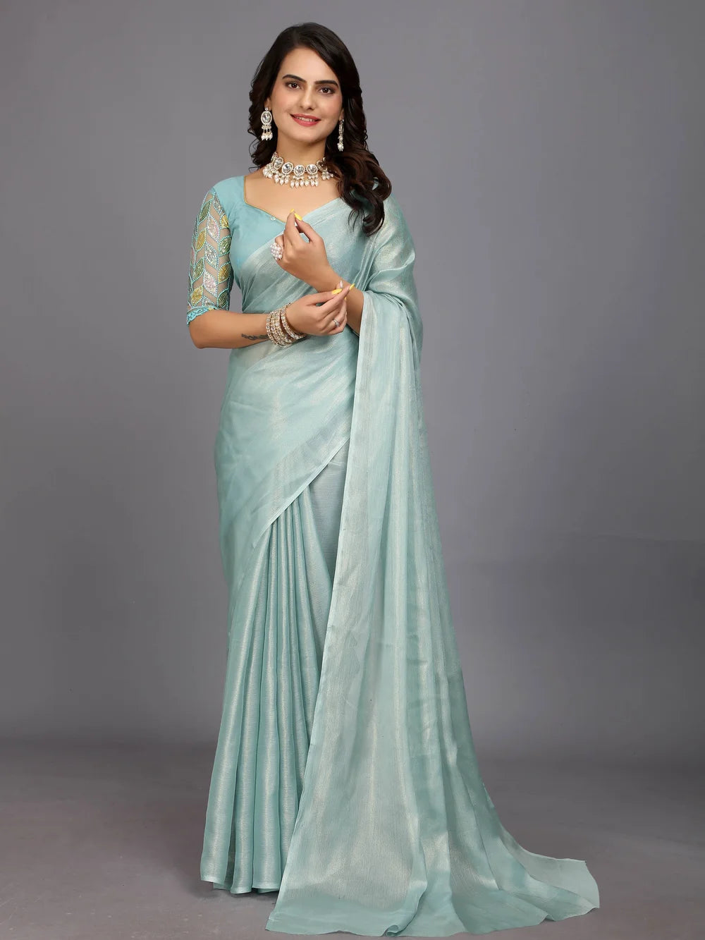 Light Blue Solid Silk Blend Bollywood Style Saree