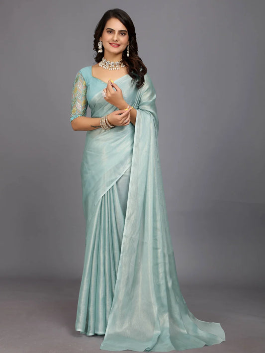 Light Blue Solid Silk Blend Bollywood Style Saree