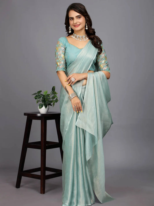 Solid Silk Blend Light Blue Bollywood Style Saree