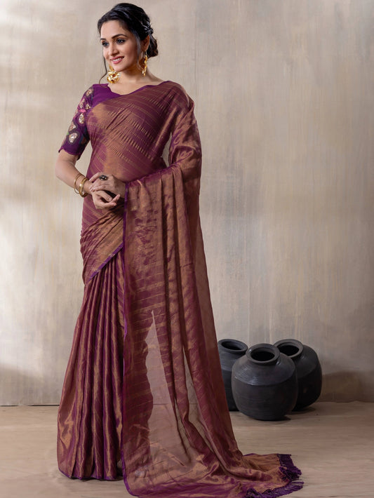 Wine Brasso Saree With Unstitched Blouse Piece