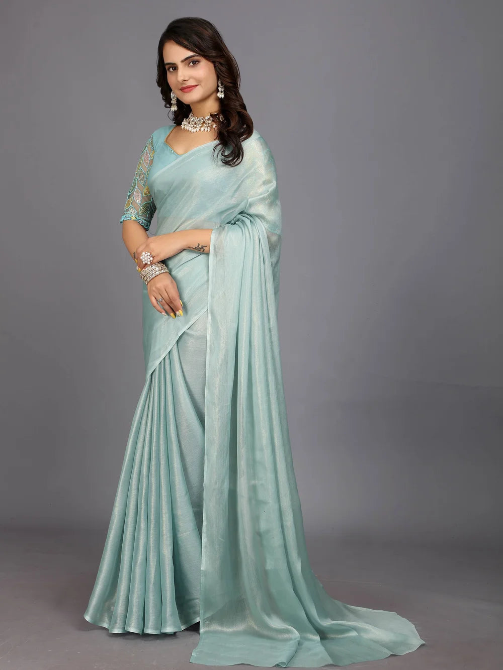Light Blue Solid Silk Blend Bollywood Style Saree