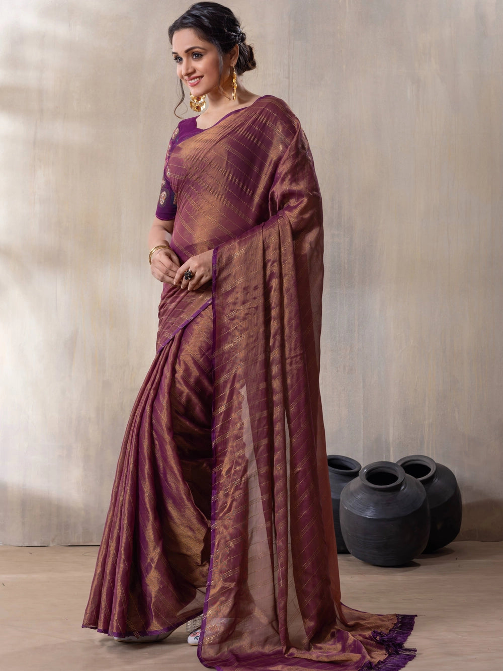 Wine Brasso Saree With Unstitched Blouse Piece