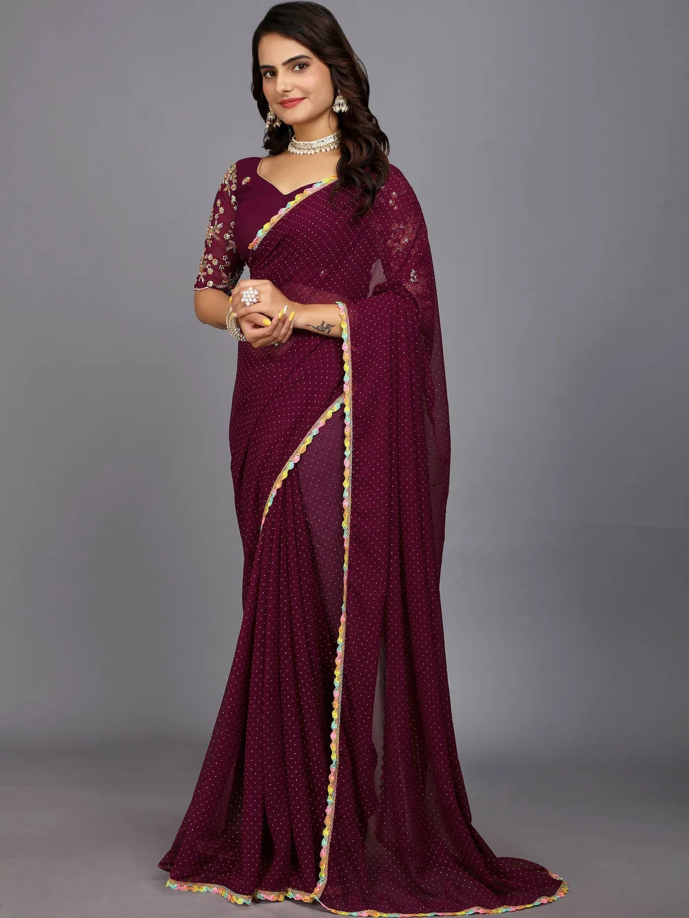 Maroon Bollywood Style Plain Georgette Saree