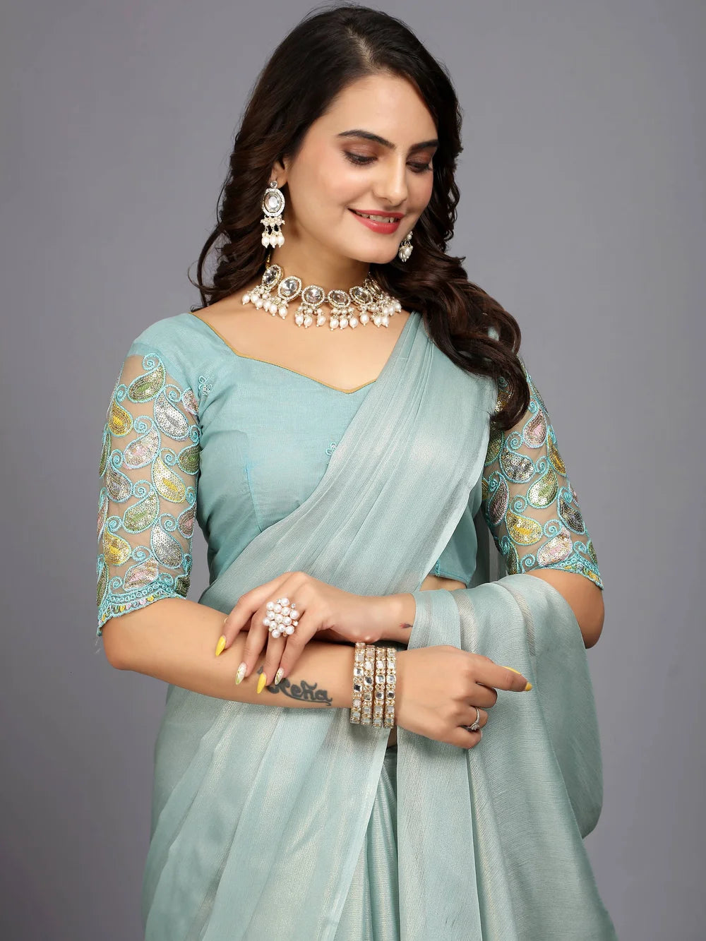 Solid Silk Blend Light Blue Bollywood Style Saree