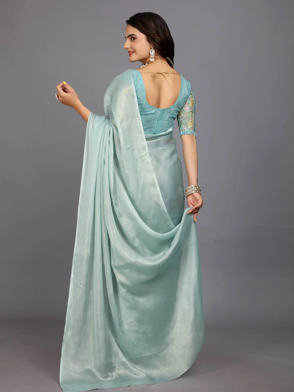 Light Blue Solid Silk Blend Bollywood Style Saree