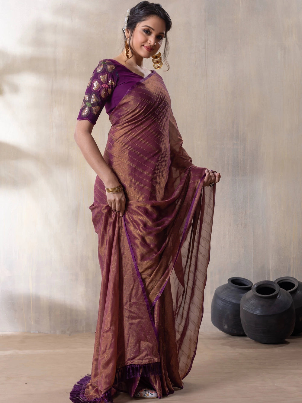 Wine Brasso Saree With Unstitched Blouse Piece