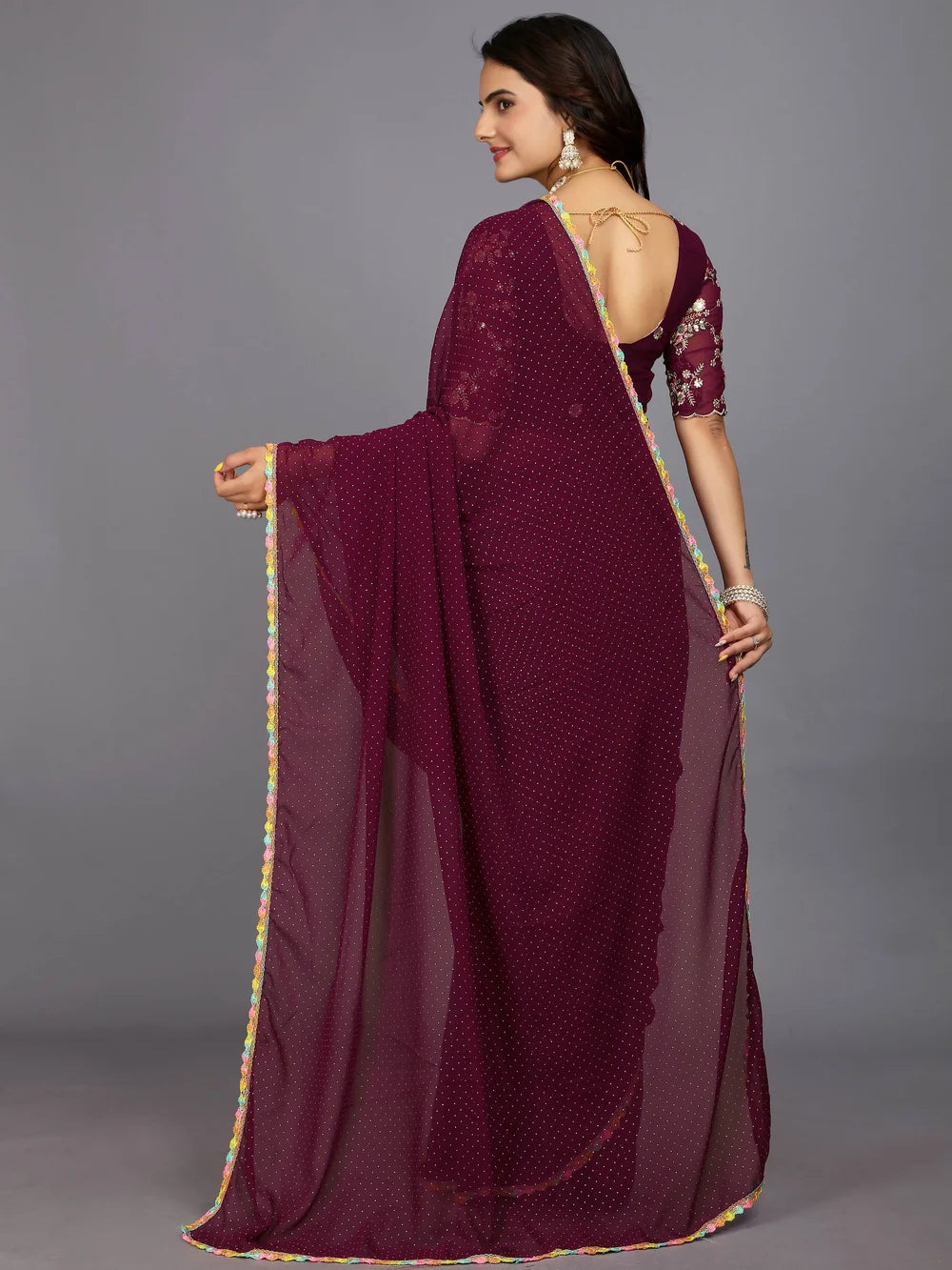 Maroon Bollywood Style Plain Georgette Saree