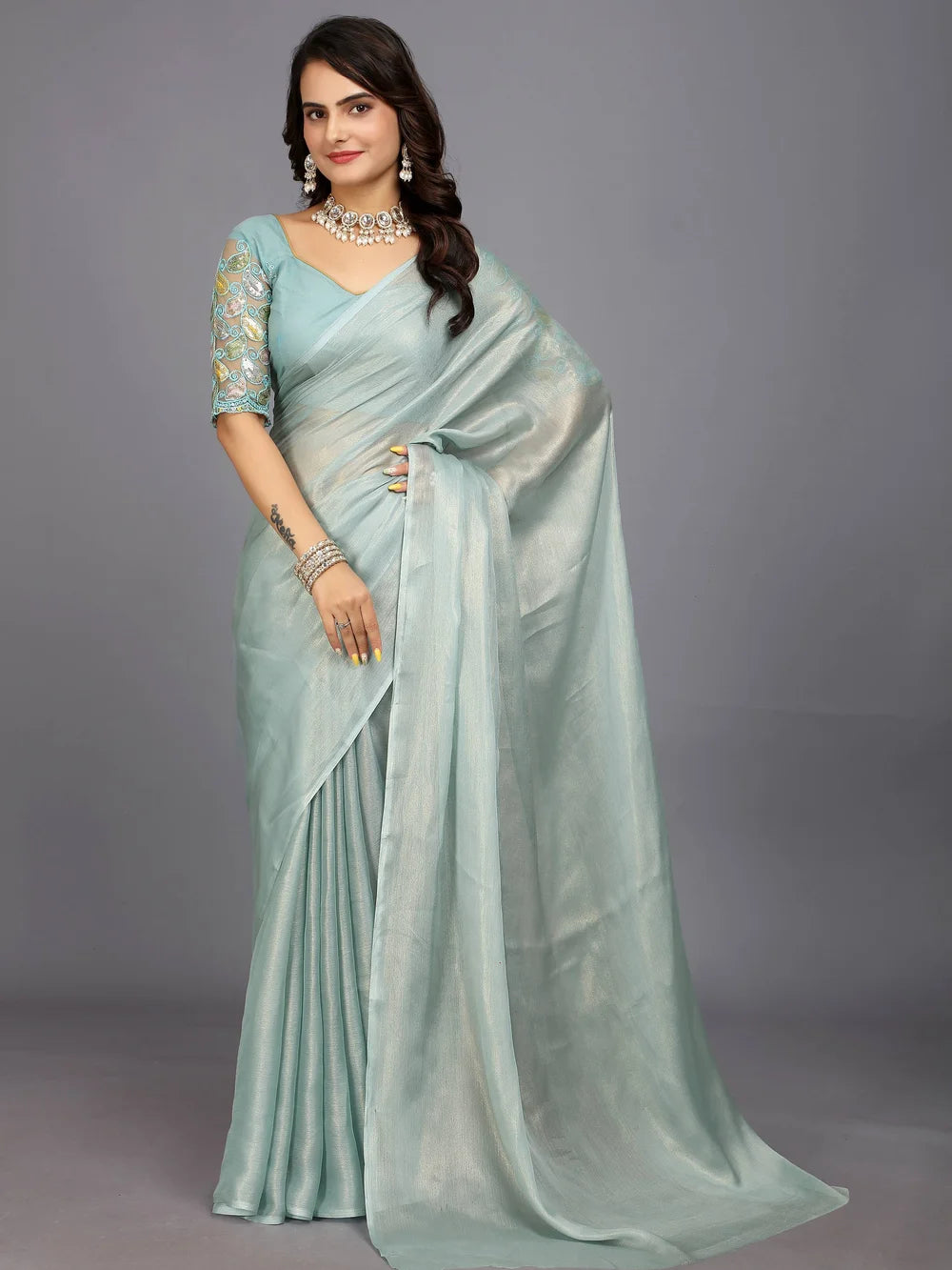 Solid Silk Blend Light Blue Bollywood Style Saree