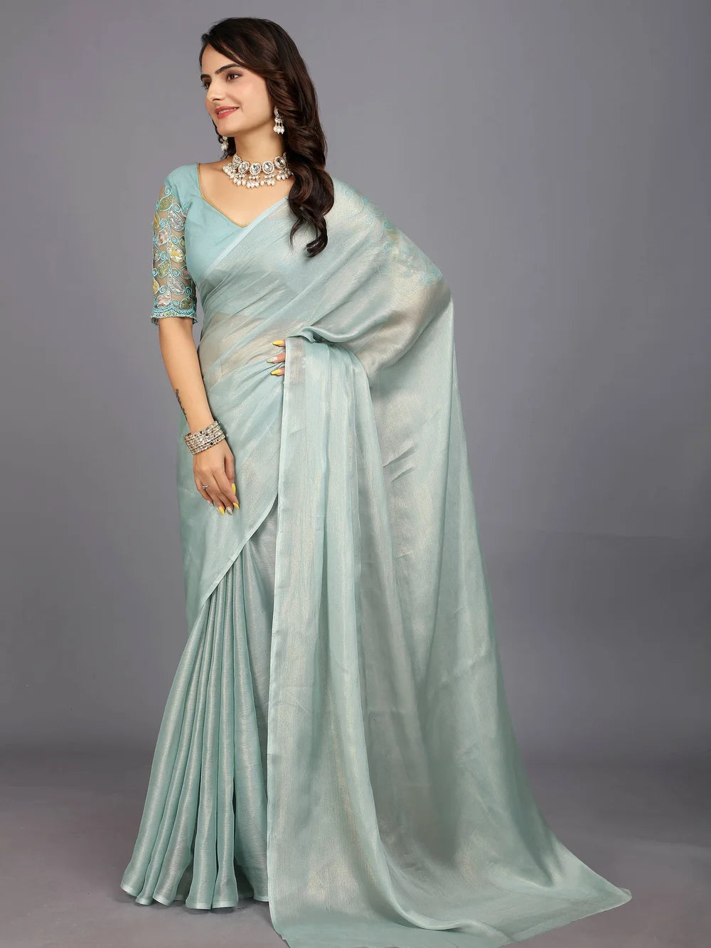 Solid Silk Blend Light Blue Bollywood Style Saree