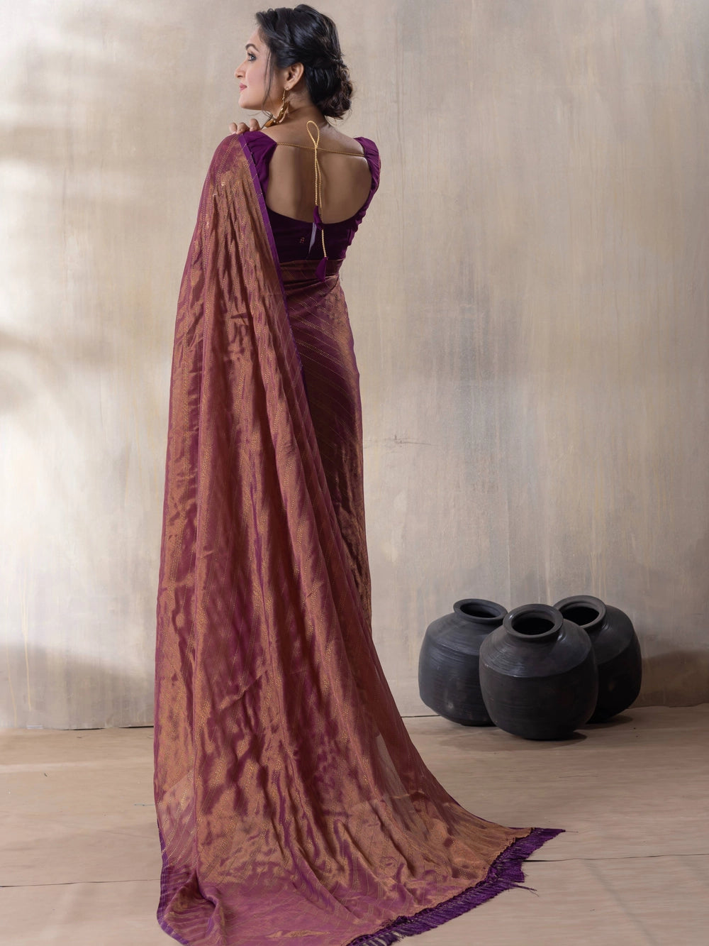 Wine Brasso Saree With Unstitched Blouse Piece