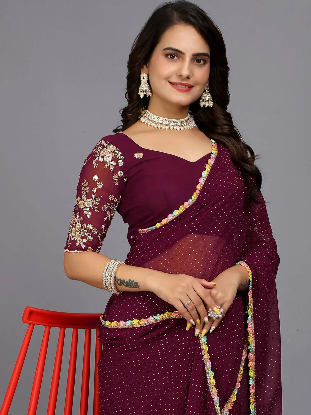 Maroon Bollywood Style Plain Georgette Saree