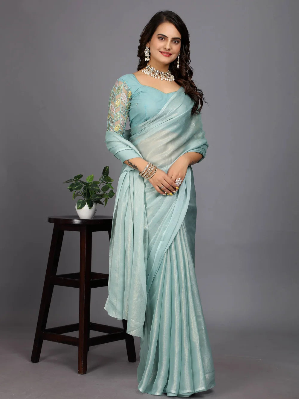 Light Blue Solid Silk Blend Bollywood Style Saree