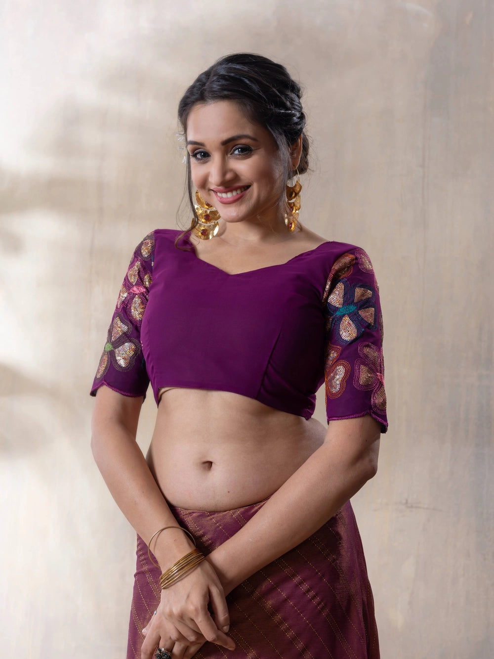 Wine Brasso Saree With Unstitched Blouse Piece