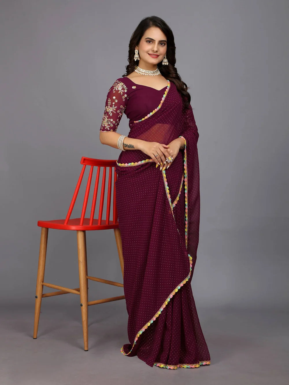 Maroon Bollywood Style Plain Georgette Saree