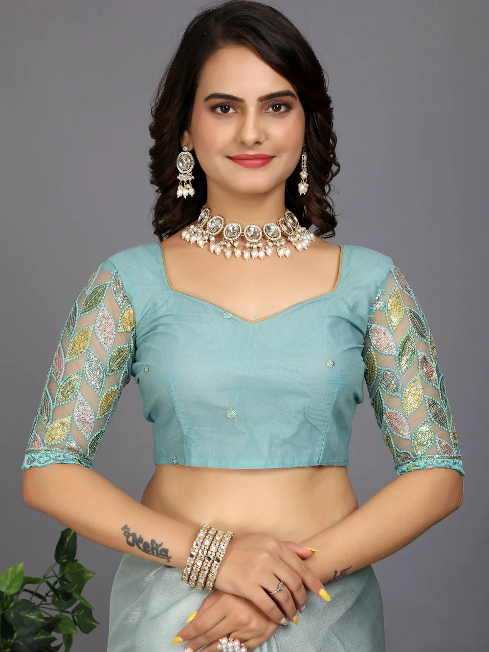 Light Blue Solid Silk Blend Bollywood Style Saree