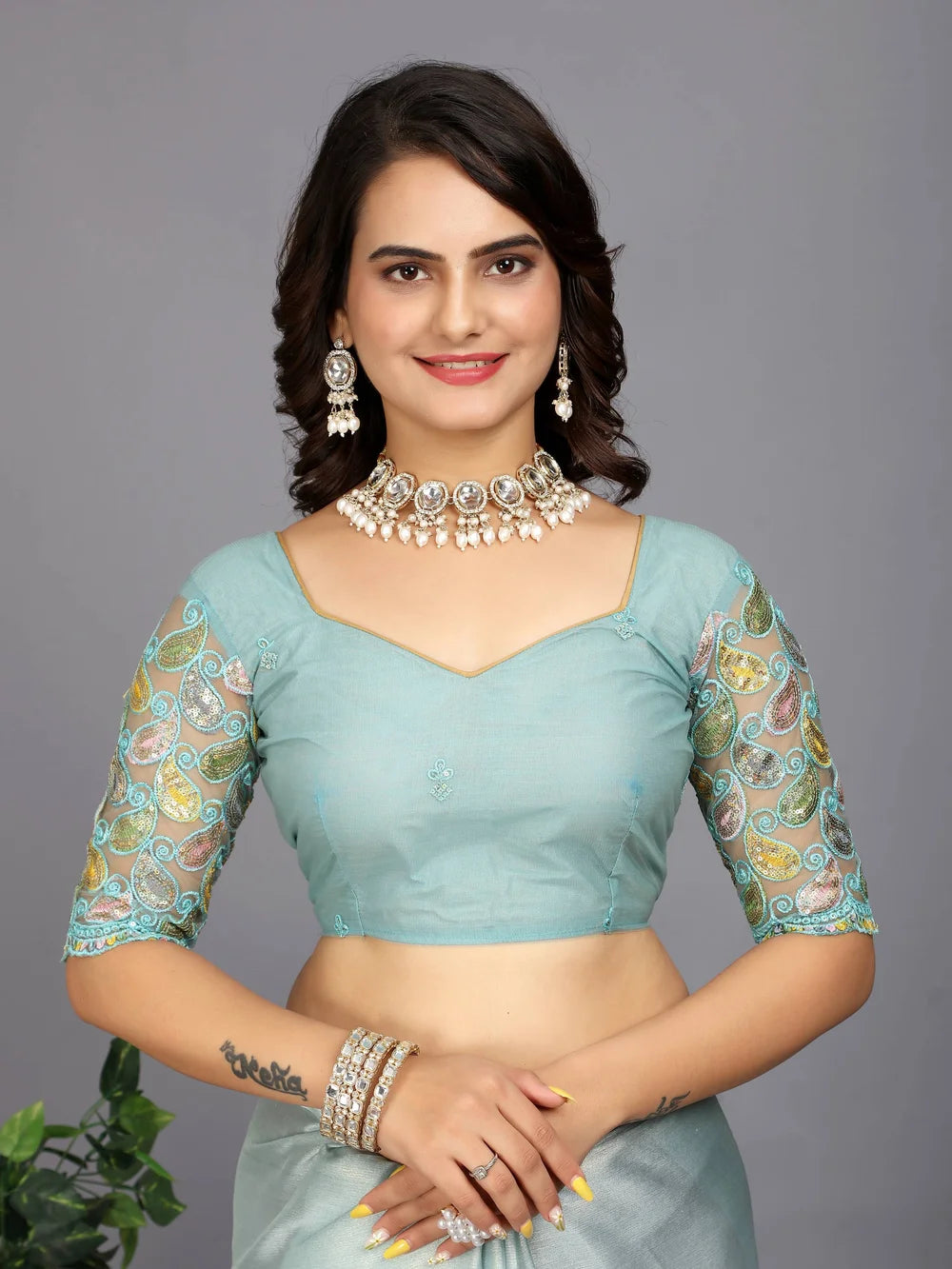 Solid Silk Blend Light Blue Bollywood Style Saree