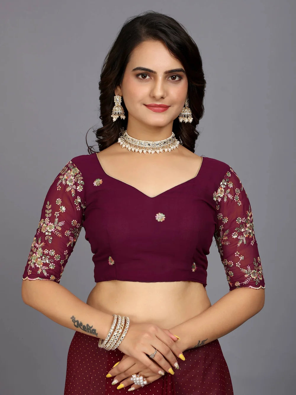 Maroon Bollywood Style Plain Georgette Saree