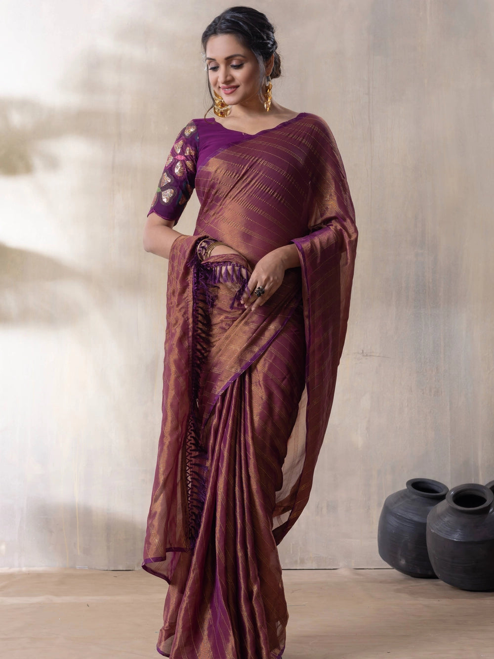 Wine Brasso Saree With Unstitched Blouse Piece