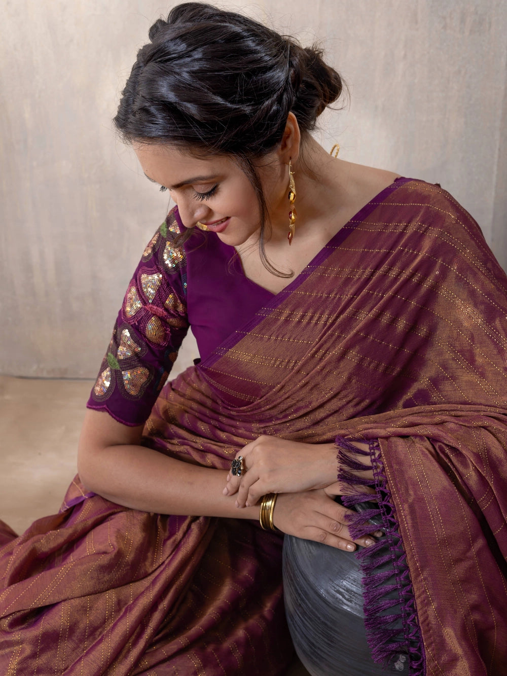 Wine Brasso Saree With Unstitched Blouse Piece