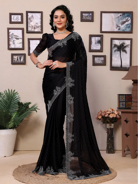 Embellished Black Rangoli Silk Diamond Work Saree