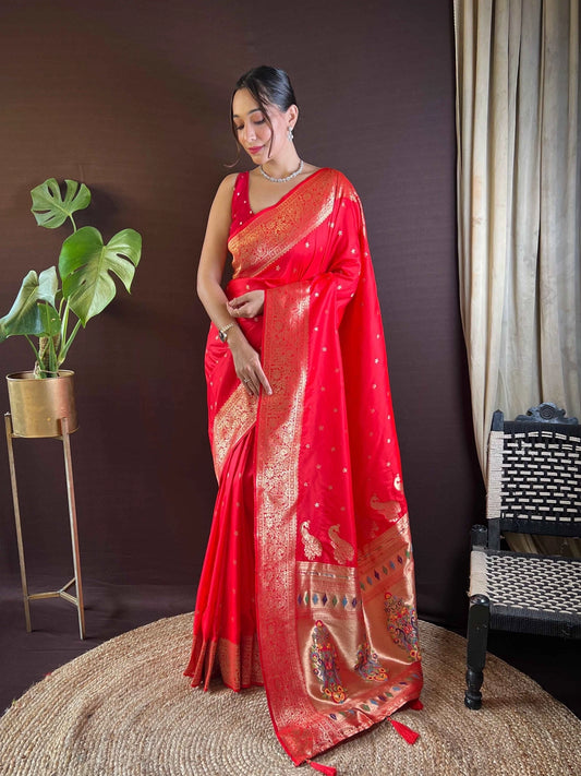 Red Woven Design Paithani Silk Saree - Rheycart