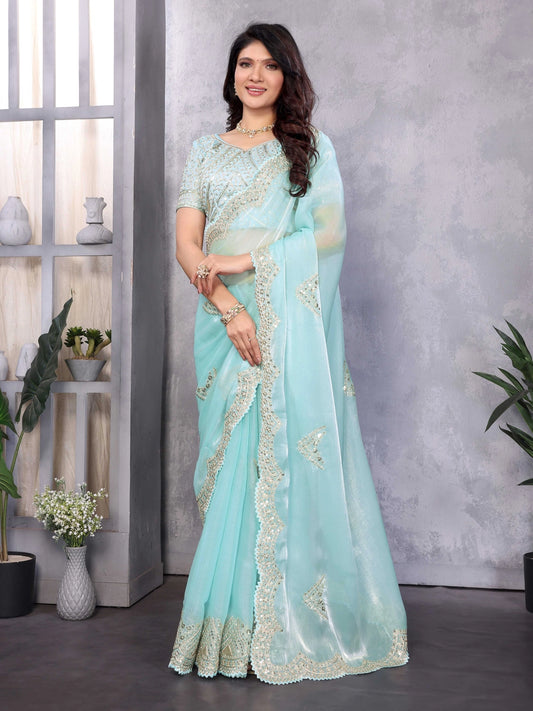 Mint Green Shimmer Chiffon Saree With Embroidery Work - Rheycart