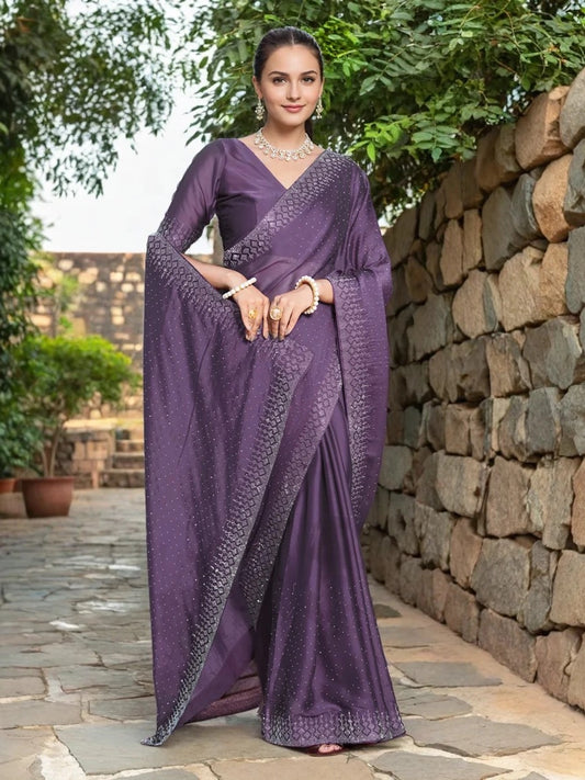 Lavender Georgette Saree With Swarovski Work - Rheycart