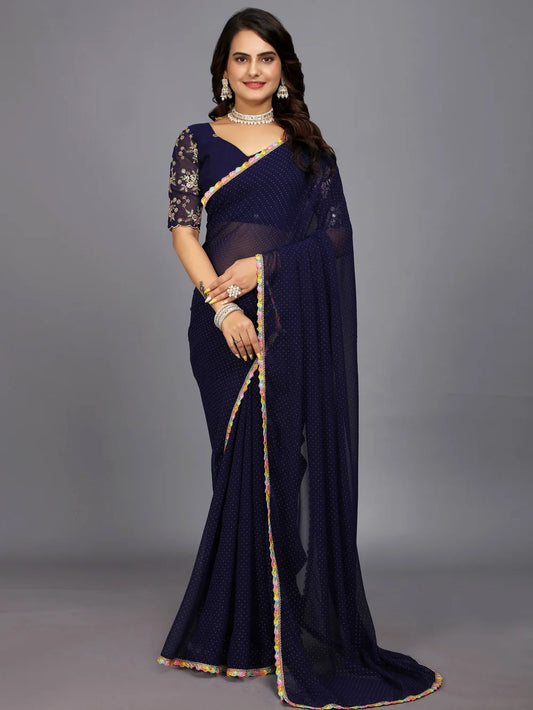 Dark Blue Bollywood Style Plain Georgette Saree