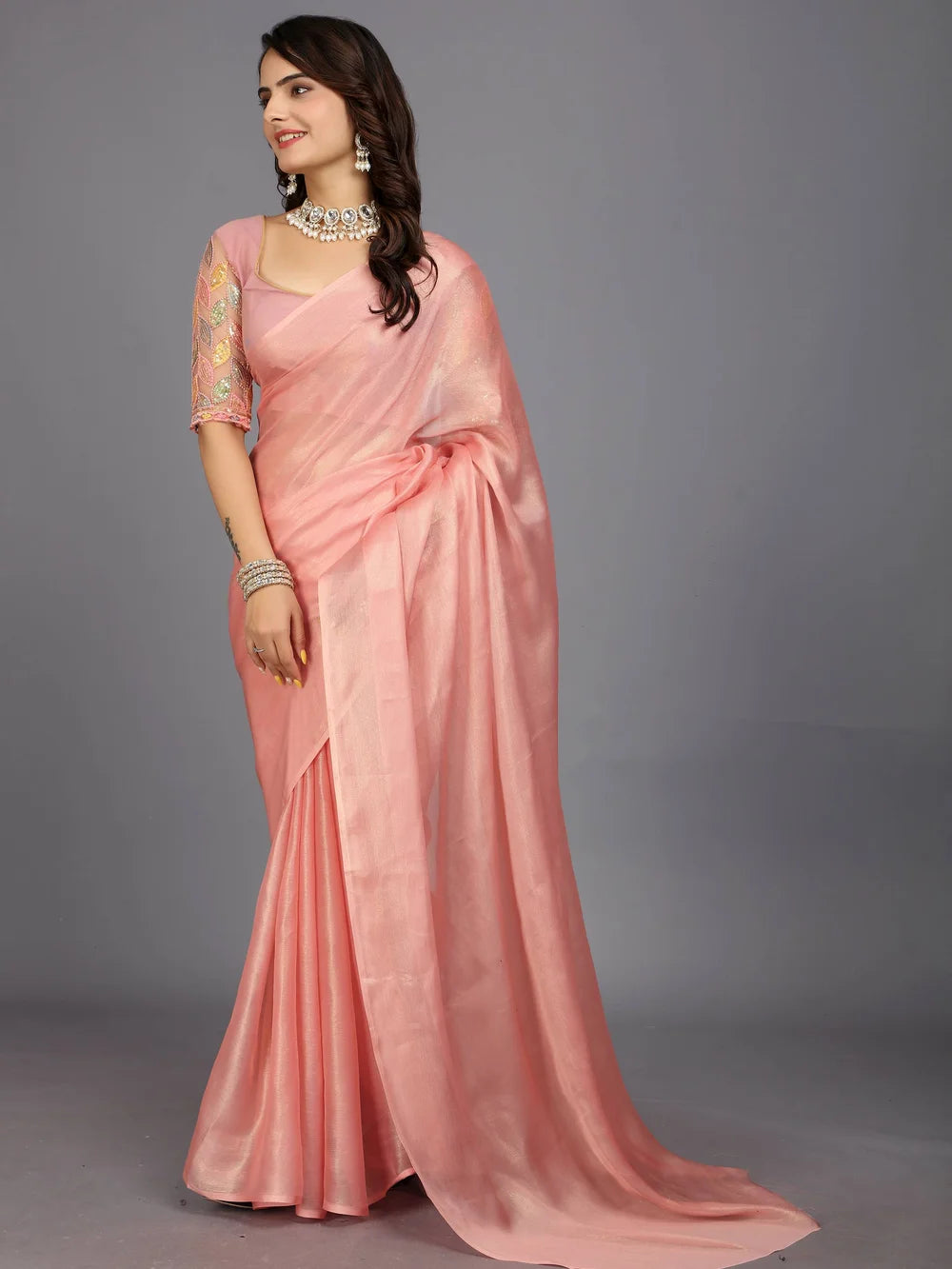 Peach Color Bollywood Solid Silk Blend Saree