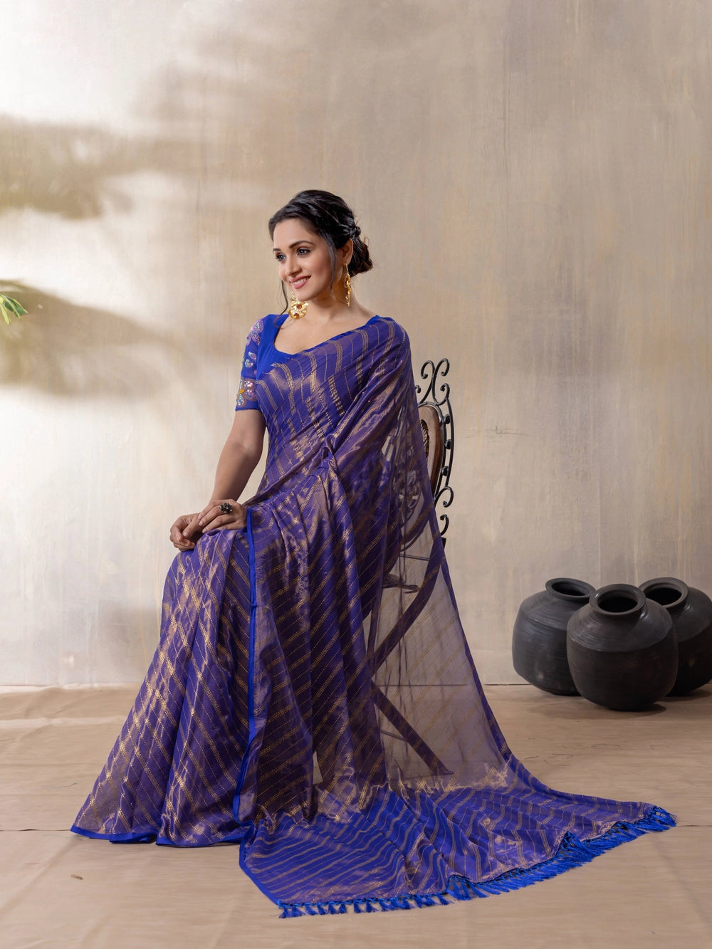 Blue Silk Blend Saree For Women