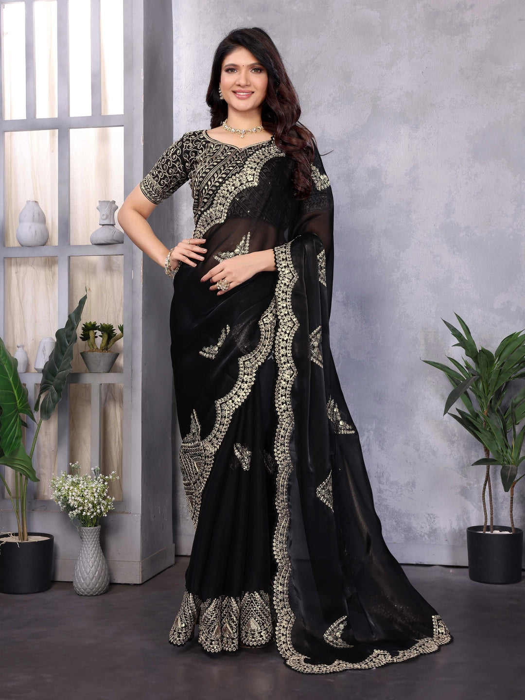 Embroidery Work Black Shimmer Chiffon Saree - Rheycart