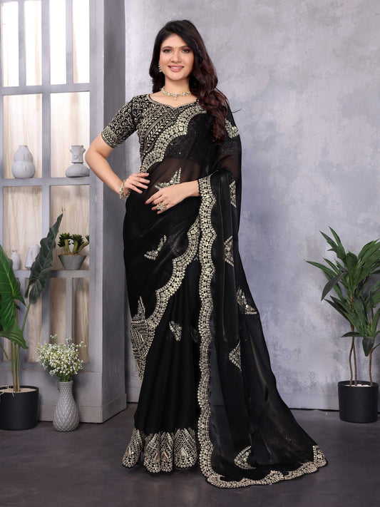 Embroidery Work Black Shimmer Chiffon Saree - Rheycart
