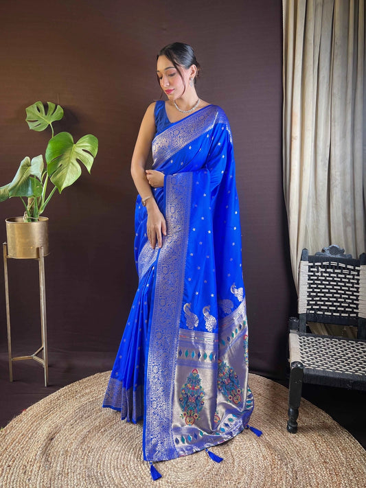 Royal Blue Paithani Silk Saree For Women's - Rheycart