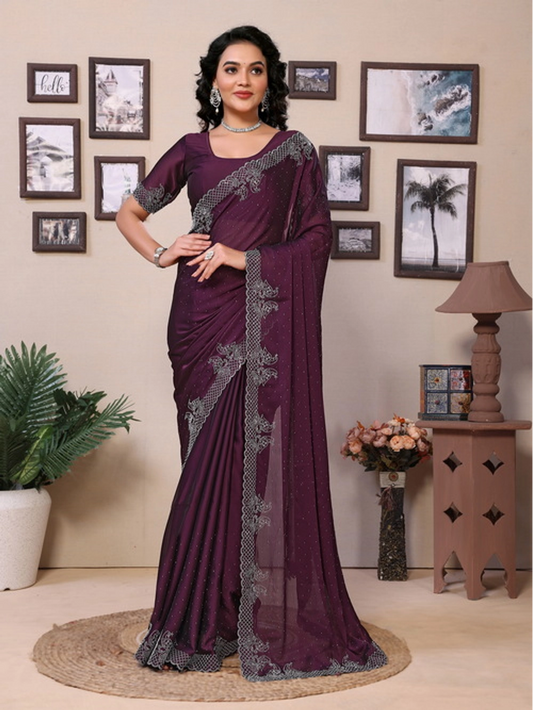Wine Rangoli Silk Embellished Saree