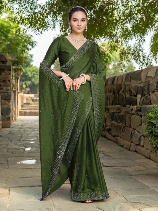 Olive Green With Crystal Embellishments Georgette Saree - Rheycart