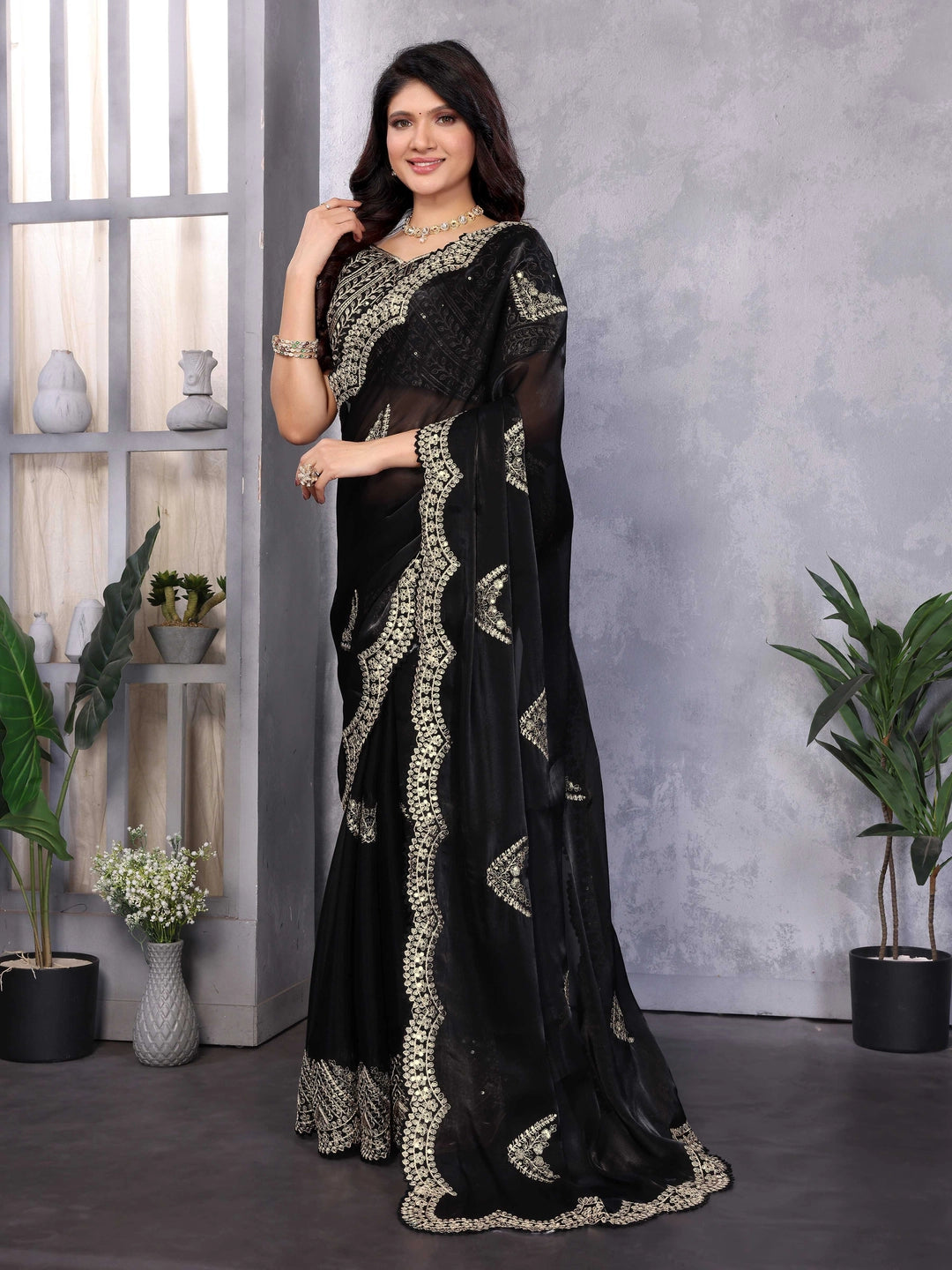 Embroidery Work Black Shimmer Chiffon Saree - Rheycart