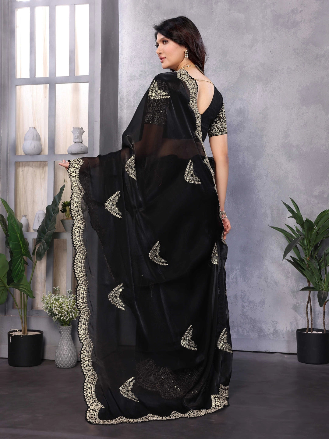 Embroidery Work Black Shimmer Chiffon Saree - Rheycart