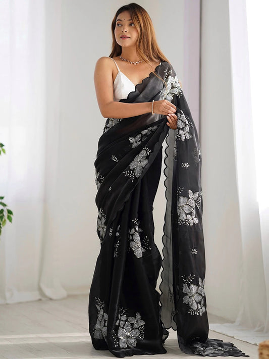 Jimmy Choo Bollywood Style Sequence Black Chiffon Saree - Rheycart