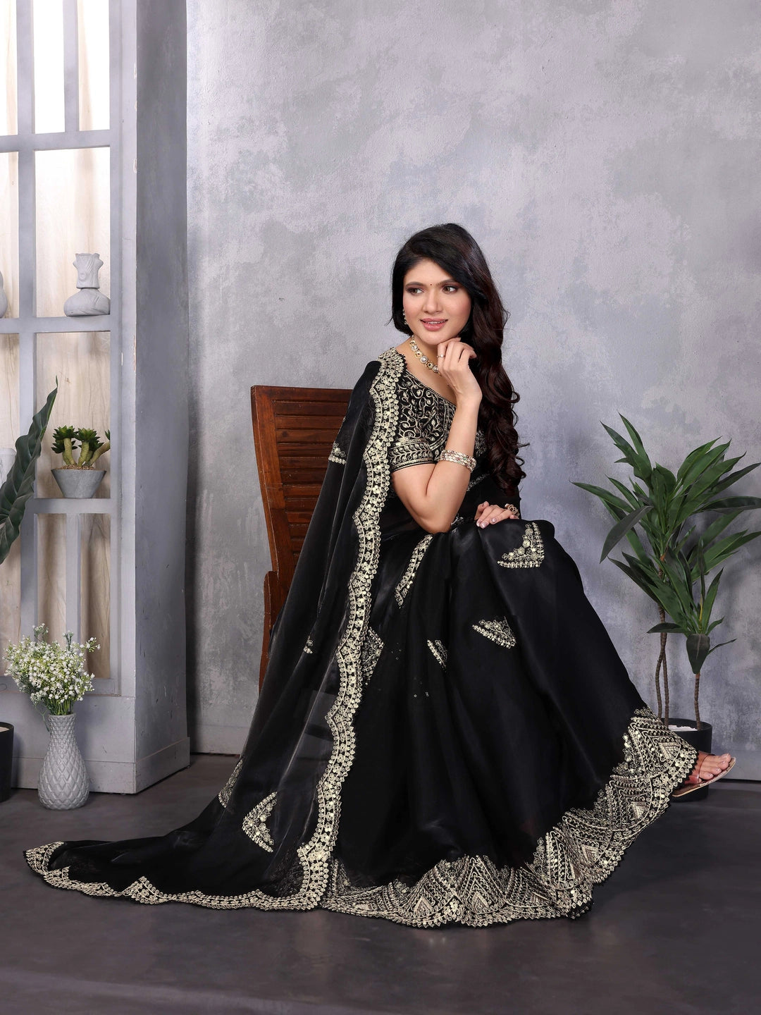 Embroidery Work Black Shimmer Chiffon Saree - Rheycart