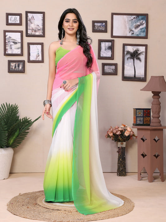 Full-length shot of Bollywood pre-draped saree outfit