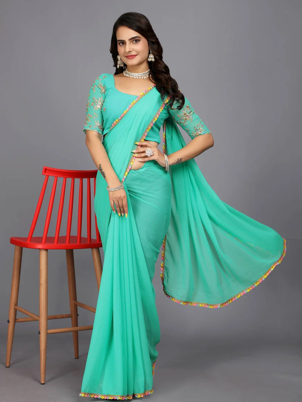 Turquoise Bollywood Style Plain Georgette Saree - Rheycart