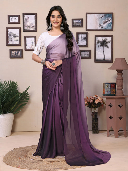 Elegant Partywear Draped Purple Satin Saree - Rheycart