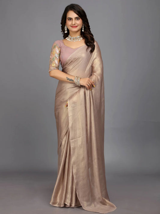 Beige Bollywood Style Plain Silk Blend Saree