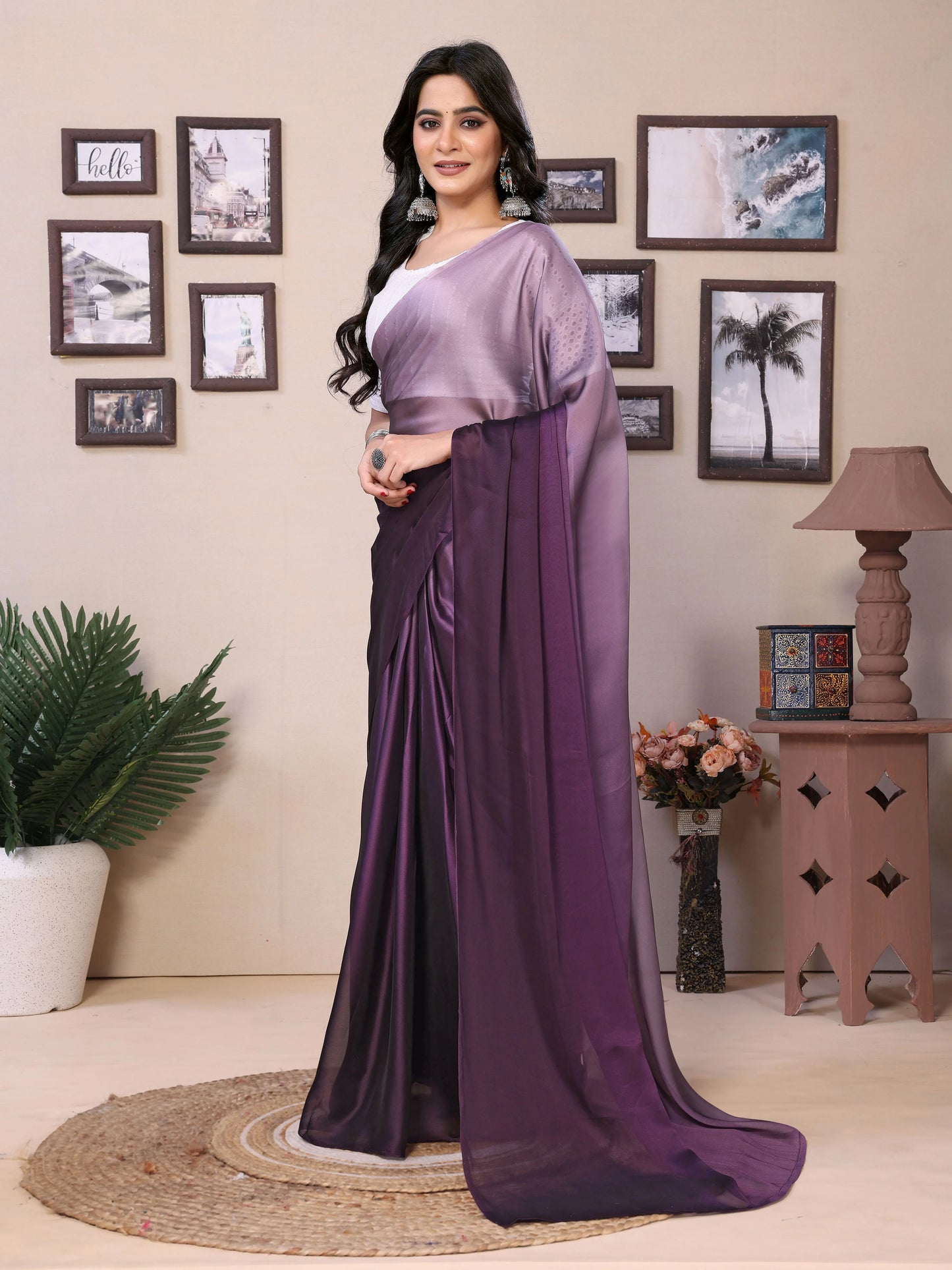 Elegant Partywear Draped Purple Satin Saree - Rheycart