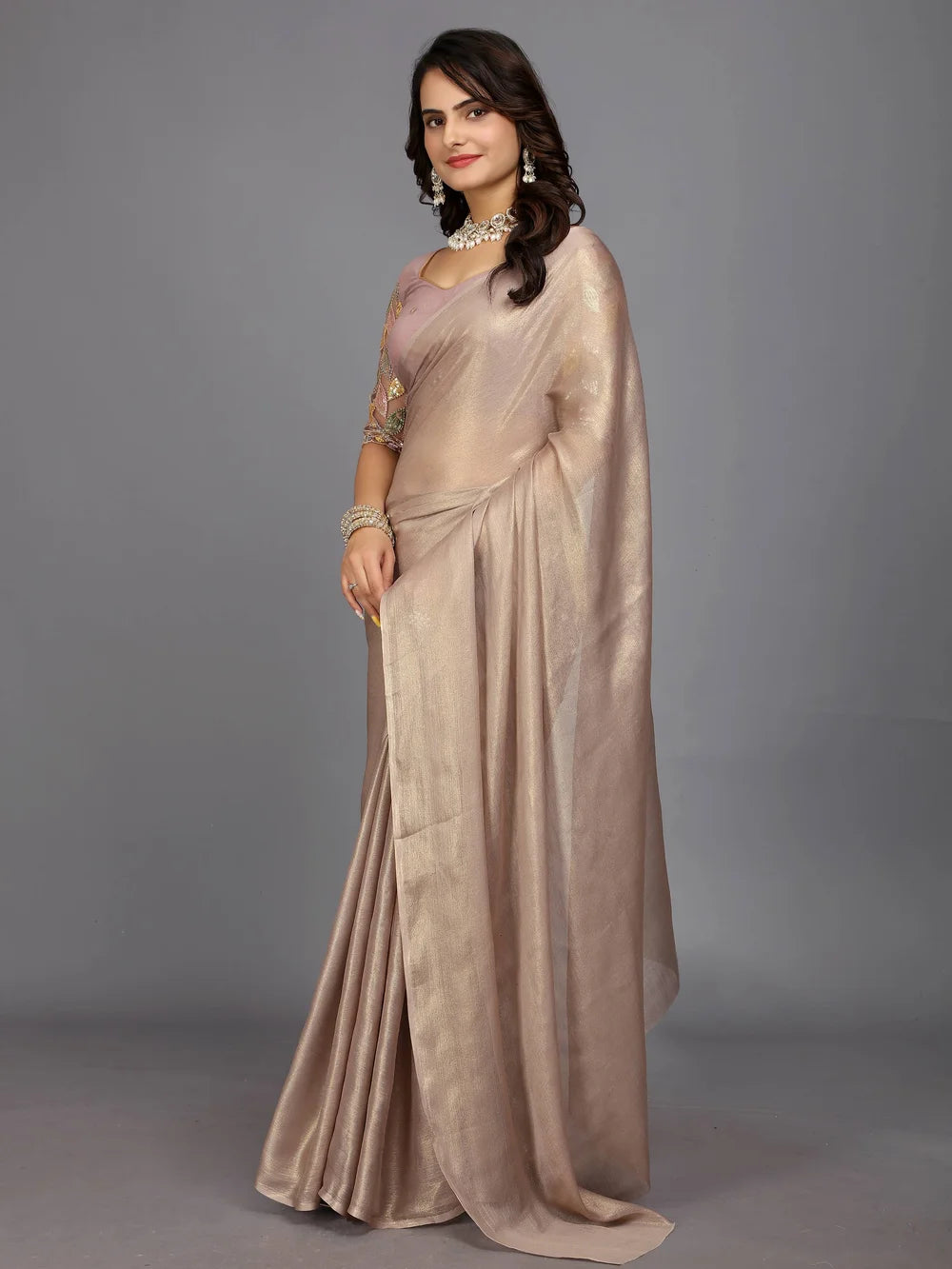 Beige Bollywood Style Plain Silk Blend Saree