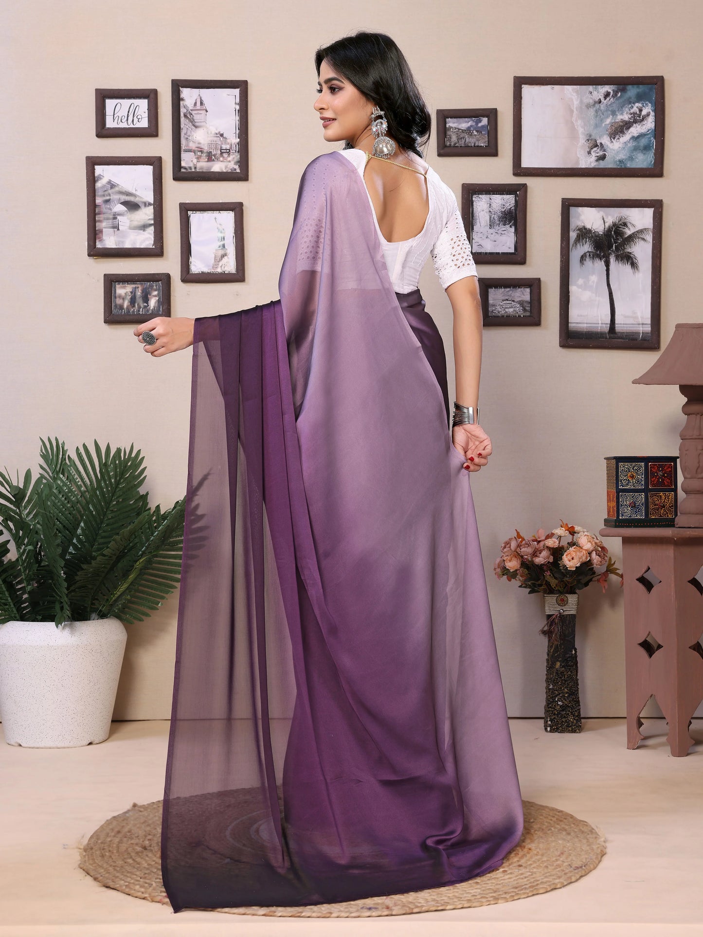 Elegant Partywear Draped Purple Satin Saree - Rheycart